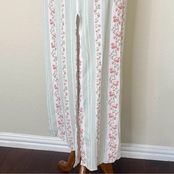 WeWoreWhat Sage Green Pink‎ Victorian Floral Stripe Puff Sleeve Corset Dress - Picture 9 of 15